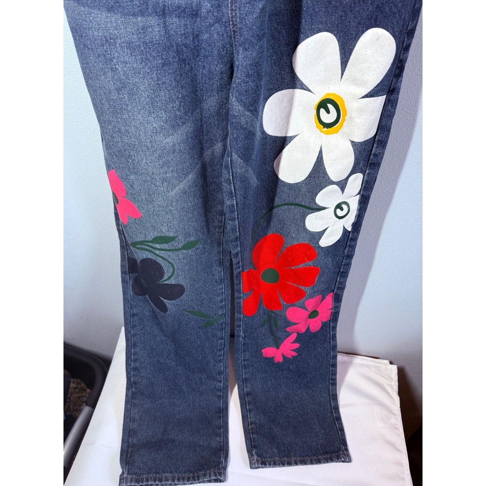 Misslook Womens Denim Overalls 3XL Painted Floral Wide Leg Boho Artsy Retro - Picture 7 of 15
